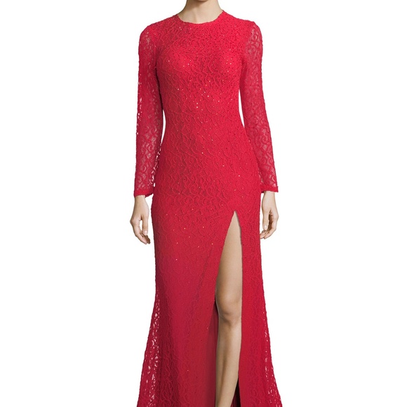 Jovani Long-Sleeve Slit Lace Evening Gown - Picture 2 of 7